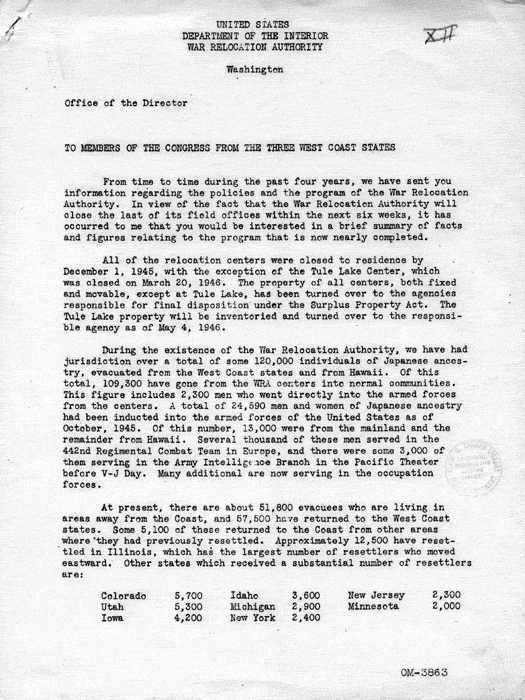 Memorandum, To Members of Congress from the Three West Coast States, not dated, c. 1946. Papers of Dillon S. Myer.