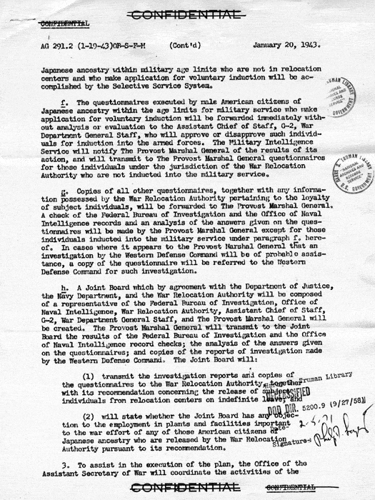 Memorandum, J. A. Ulio to the Provost Marshall General and the Director, Special Service Division, S. O. S., January 20, 1943. Papers of Philleo Nash.