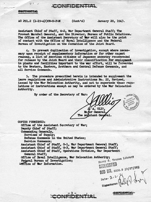 Memorandum, J. A. Ulio to the Provost Marshall General and the Director, Special Service Division, S. O. S., January 20, 1943. Papers of Philleo Nash.