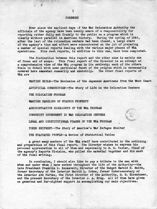 Report, WRA [War Relocation Authority], A story of Human Conservation, not dated, c. late 1946. The final report of WRA director Dillon S. Myer. Papers of Harry S. Truman: Official File.