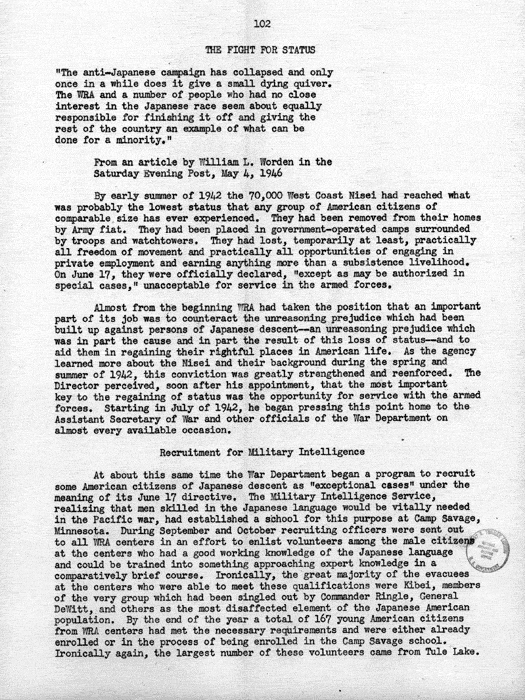 Report, WRA [War Relocation Authority], A story of Human Conservation, not dated, c. late 1946. The final report of WRA director Dillon S. Myer. Papers of Harry S. Truman: Official File.