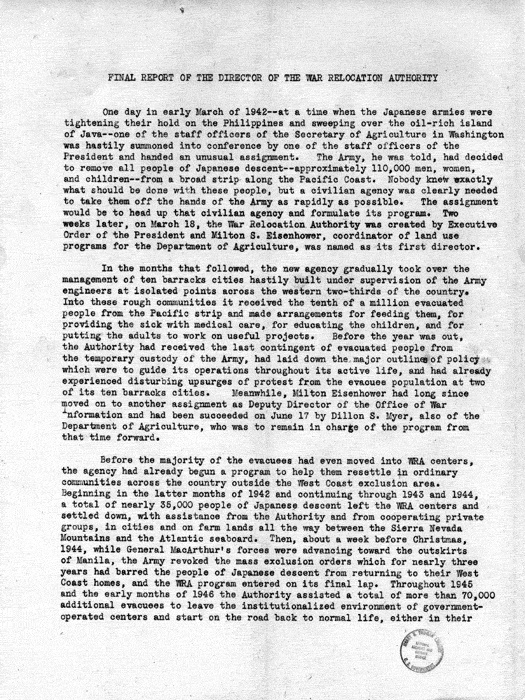 Report, WRA [War Relocation Authority], A story of Human Conservation, not dated, c. late 1946. The final report of WRA director Dillon S. Myer. Papers of Harry S. Truman: Official File.