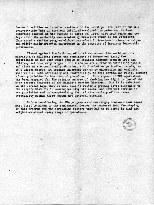 Report, WRA [War Relocation Authority], A story of Human Conservation, not dated, c. late 1946. The final report of WRA director Dillon S. Myer. Papers of Harry S. Truman: Official File.