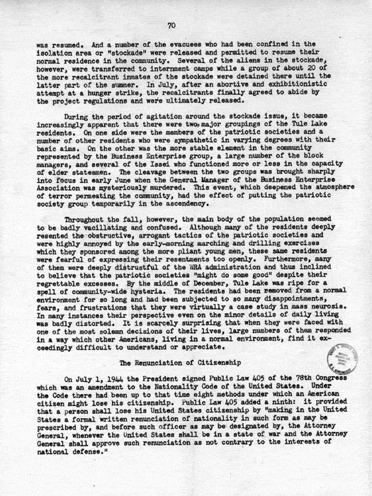 Report, WRA [War Relocation Authority], A story of Human Conservation, not dated, c. late 1946. The final report of WRA director Dillon S. Myer. Papers of Harry S. Truman: Official File.