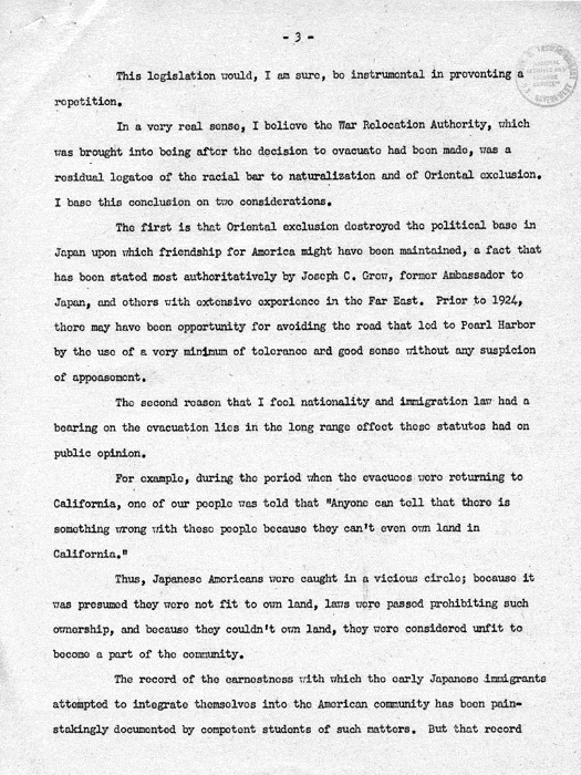 Statement of Dillon S. Myer in Support of H. R. 199 Before a Special Committee of the Senate Judiciary Committee, July 19, 1949. Papers of Dillon S. Myer.