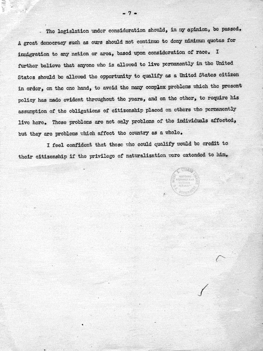 Statement of Dillon S. Myer in Support of H. R. 199 Before a Special Committee of the Senate Judiciary Committee, July 19, 1949. Papers of Dillon S. Myer.