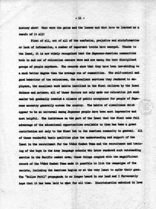 Speech of Dillon S. Myer, to be delivered July 27, 1962, Pioneer Banquet, 17th Biennial National Convention, Japanese American Citizens League…, Seattle, Washington. Papers of Dillon S. Myer.