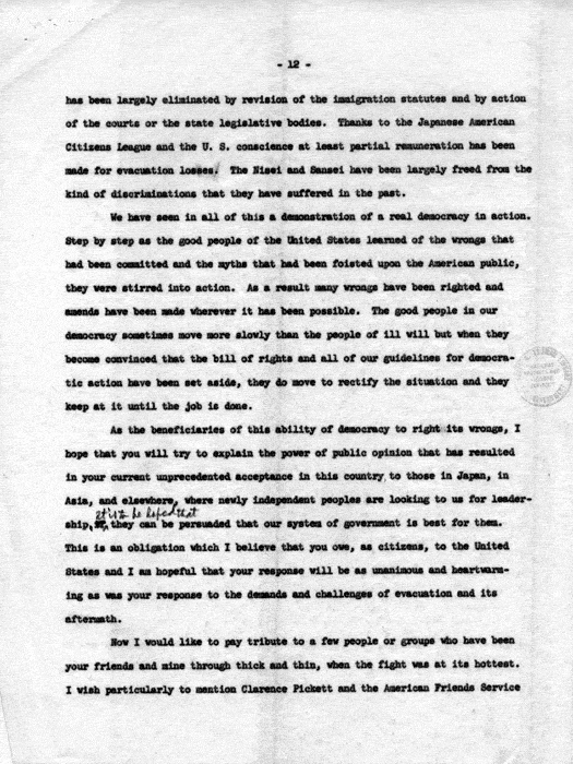 Speech of Dillon S. Myer, to be delivered July 27, 1962, Pioneer Banquet, 17th Biennial National Convention, Japanese American Citizens League…, Seattle, Washington. Papers of Dillon S. Myer.