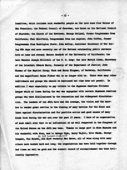 Speech of Dillon S. Myer, to be delivered July 27, 1962, Pioneer Banquet, 17th Biennial National Convention, Japanese American Citizens League…, Seattle, Washington. Papers of Dillon S. Myer.