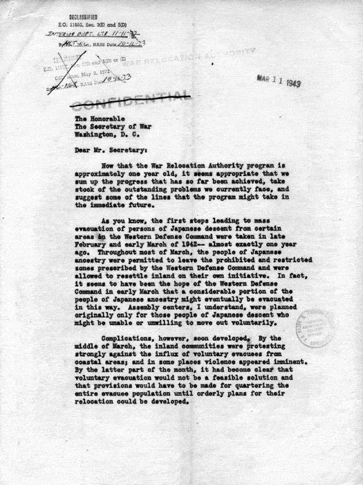 Letter, Dillon S. Myer to the Secretary of War, March 11, 1943; with attachment, Secretary of War to Dillon S. Myer, May 10, 1943. Papers of Dillon S. Myer.