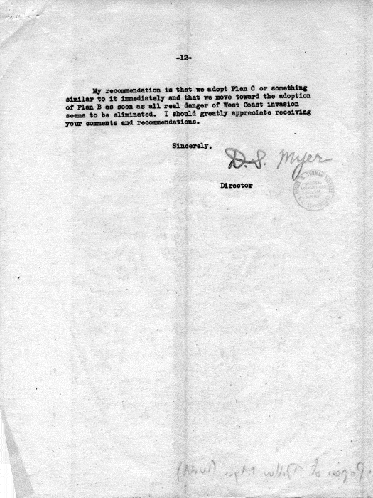 Letter, Dillon S. Myer to the Secretary of War, March 11, 1943; with attachment, Secretary of War to Dillon S. Myer, May 10, 1943. Papers of Dillon S. Myer.