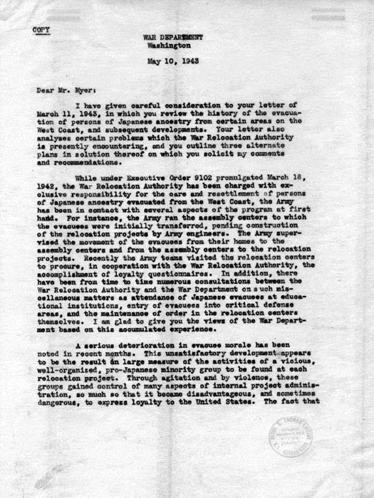 Letter, Dillon S. Myer to the Secretary of War, March 11, 1943; with attachment, Secretary of War to Dillon S. Myer, May 10, 1943. Papers of Dillon S. Myer.