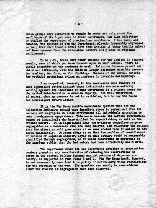 Letter, Dillon S. Myer to the Secretary of War, March 11, 1943; with attachment, Secretary of War to Dillon S. Myer, May 10, 1943. Papers of Dillon S. Myer.