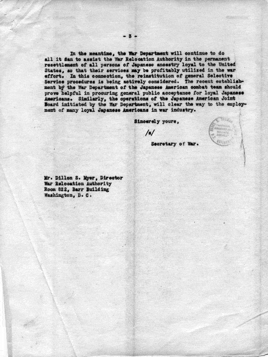 Letter, Dillon S. Myer to the Secretary of War, March 11, 1943; with attachment, Secretary of War to Dillon S. Myer, May 10, 1943. Papers of Dillon S. Myer.