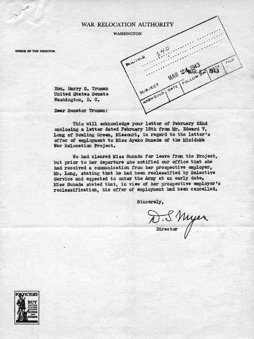 Letter, Harry S. Truman to Edward V. Long, March 23, 1943; with attachment, Dillon S. Myer to Harry S. Truman, March 22, 1943; and William M. Boyle to Edward V. Long, February 22, 1943. Papers of Harry S. Truman: Papers as U. S. Senator and Vice President of the United States.
