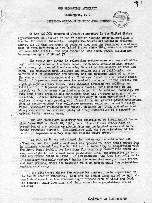Report, Japanese-Americans in Relocation Centers, March 1943. Papers of Philleo Nash.
