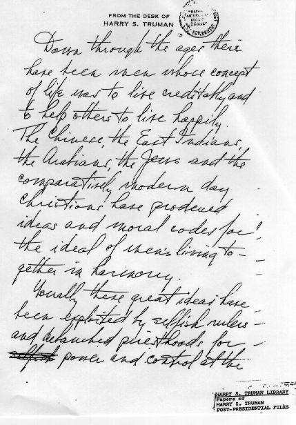 Handwritten notes by former President Truman