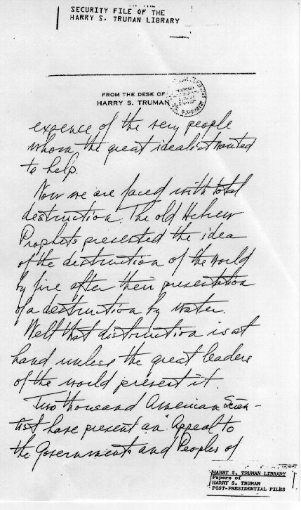 Handwritten notes by former President Truman