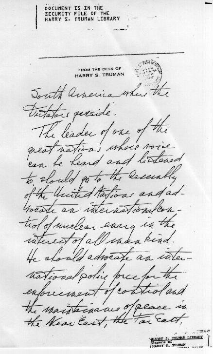 Handwritten notes by former President Truman