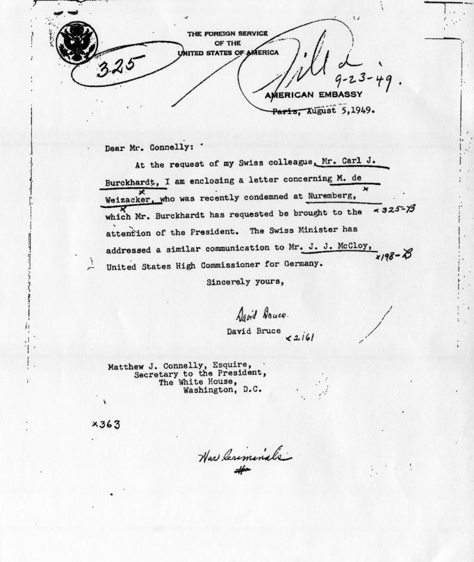 Letter from David Bruce to Matthew Connelly, accompanied by a letter from Carl Burckhardt and Max Huber to Harry S. Truman