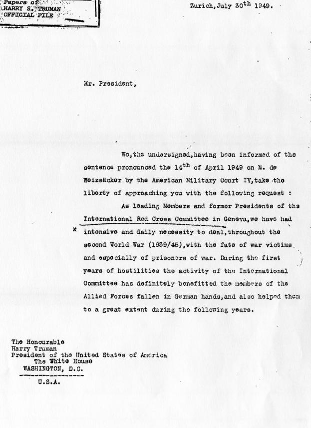 Letter from David Bruce to Matthew Connelly, accompanied by a letter from Carl Burckhardt and Max Huber to Harry S. Truman