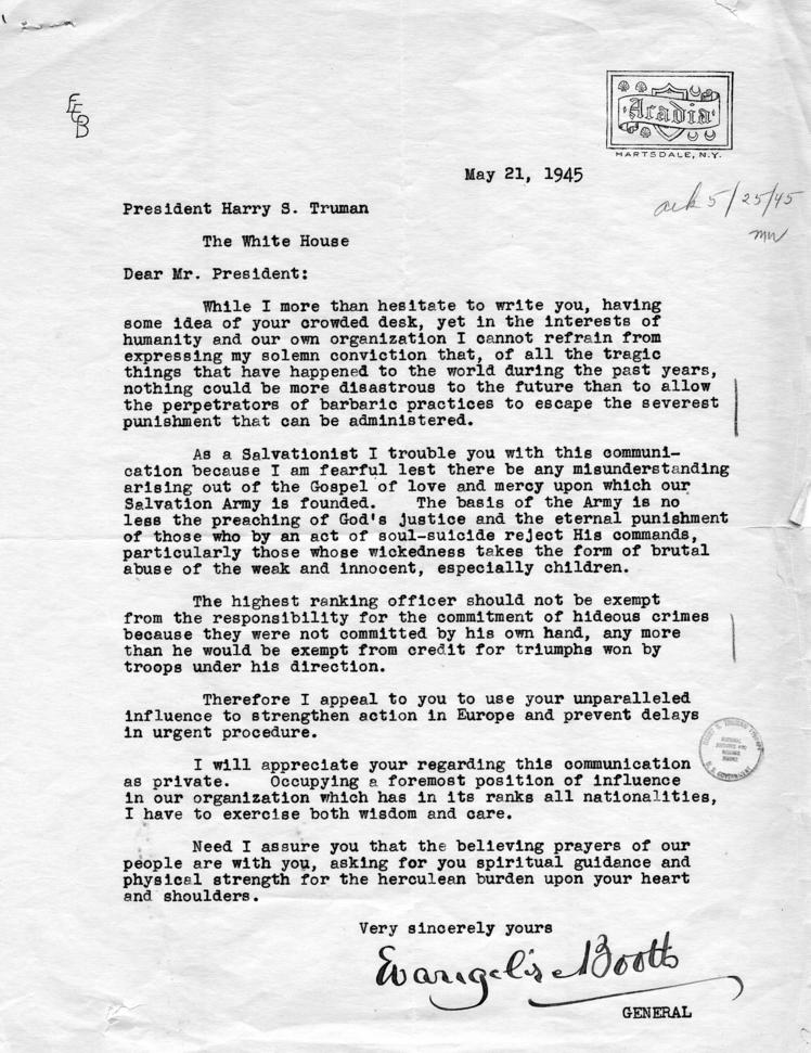 Correspondence between Harry S. Truman and Evangeline Booth, accompanied by an internal note