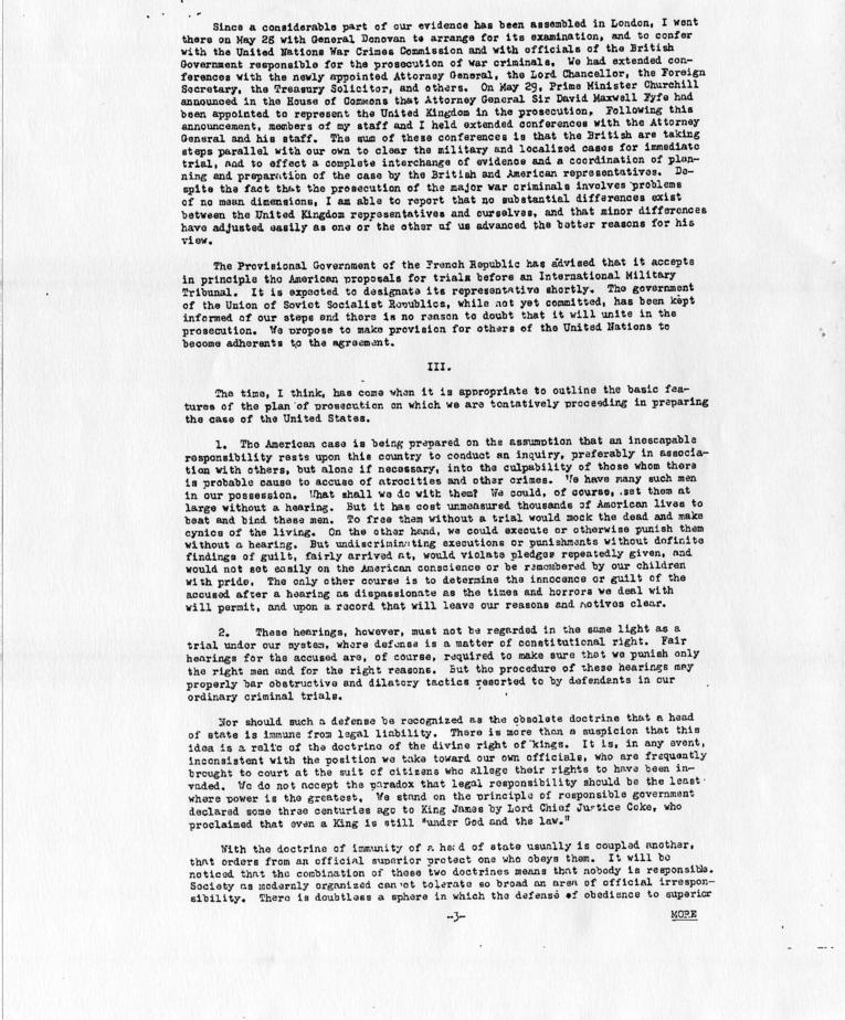 Press Release copy of letter from Robert H. Jackson to Harry S. Truman
