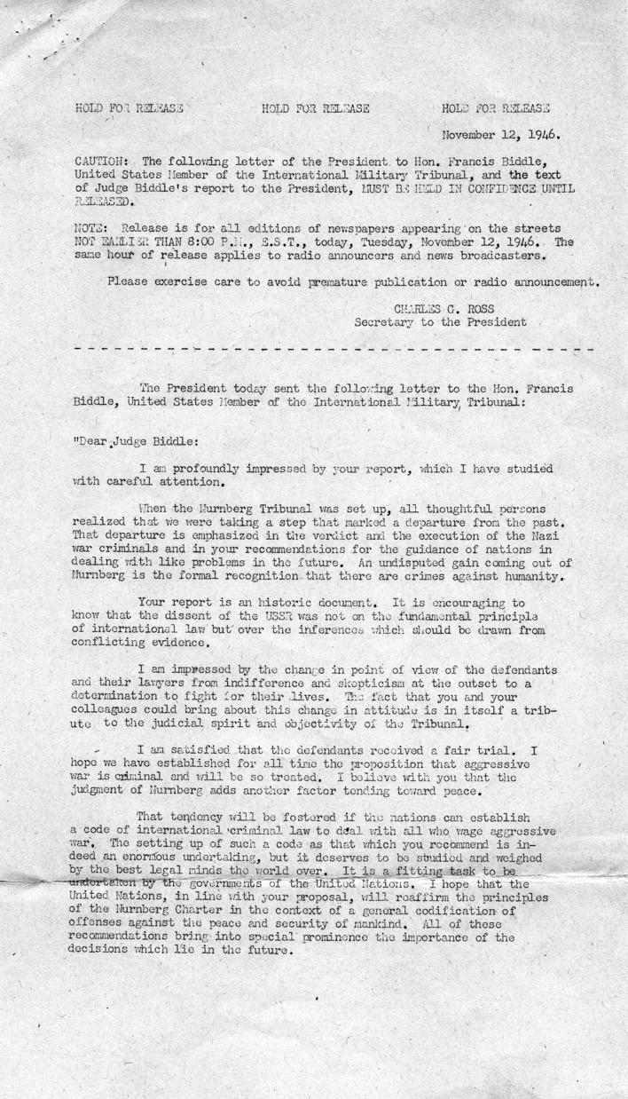 Press Release of correspondence between Harry S. Truman and Francis Biddle