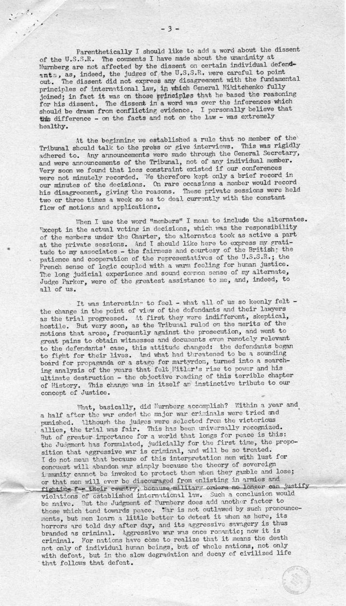 Press Release of correspondence between Harry S. Truman and Francis Biddle