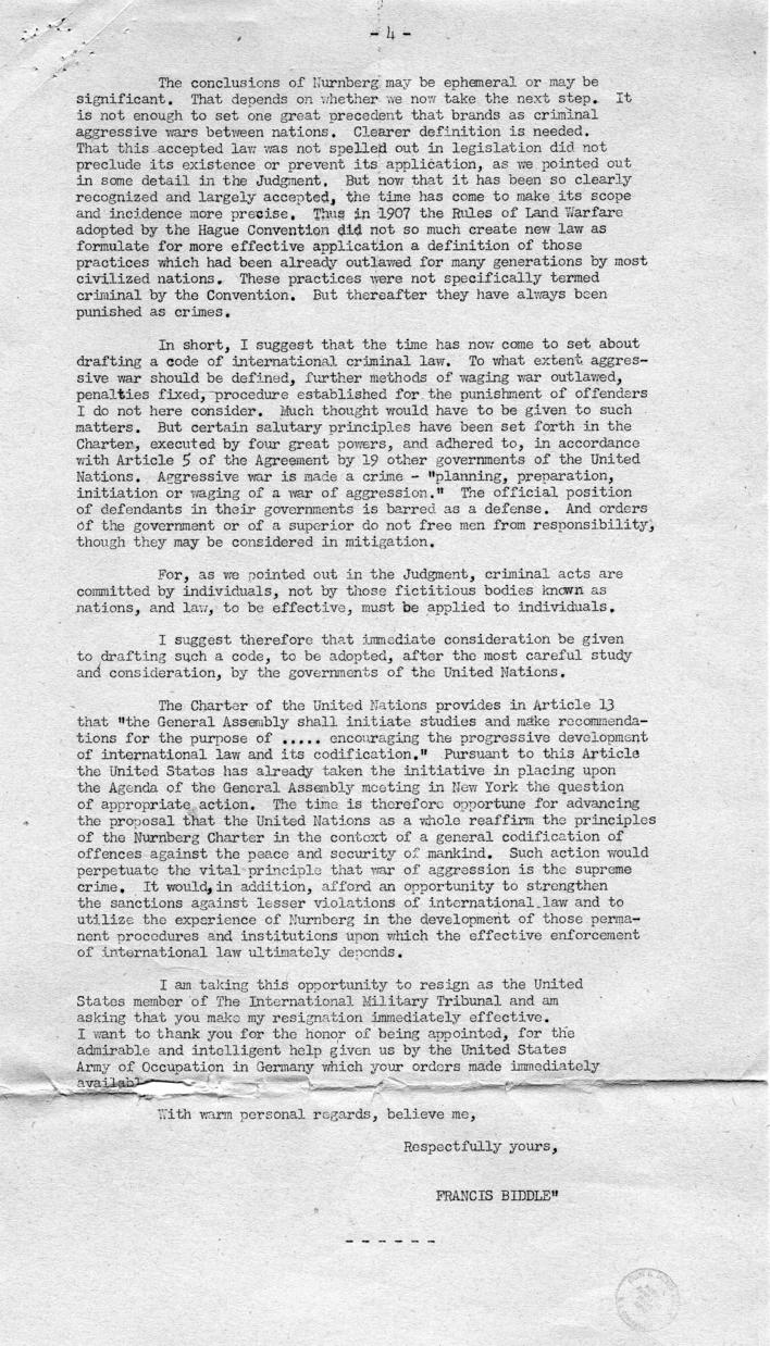 Press Release of correspondence between Harry S. Truman and Francis Biddle