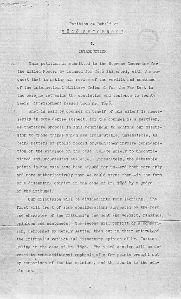 Ben Bruce Blakeney, Petition to the Supreme Commander For the Allied Powers
