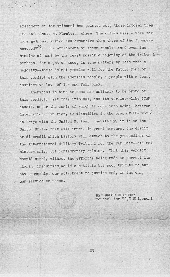 Ben Bruce Blakeney, Petition to the Supreme Commander For the Allied Powers