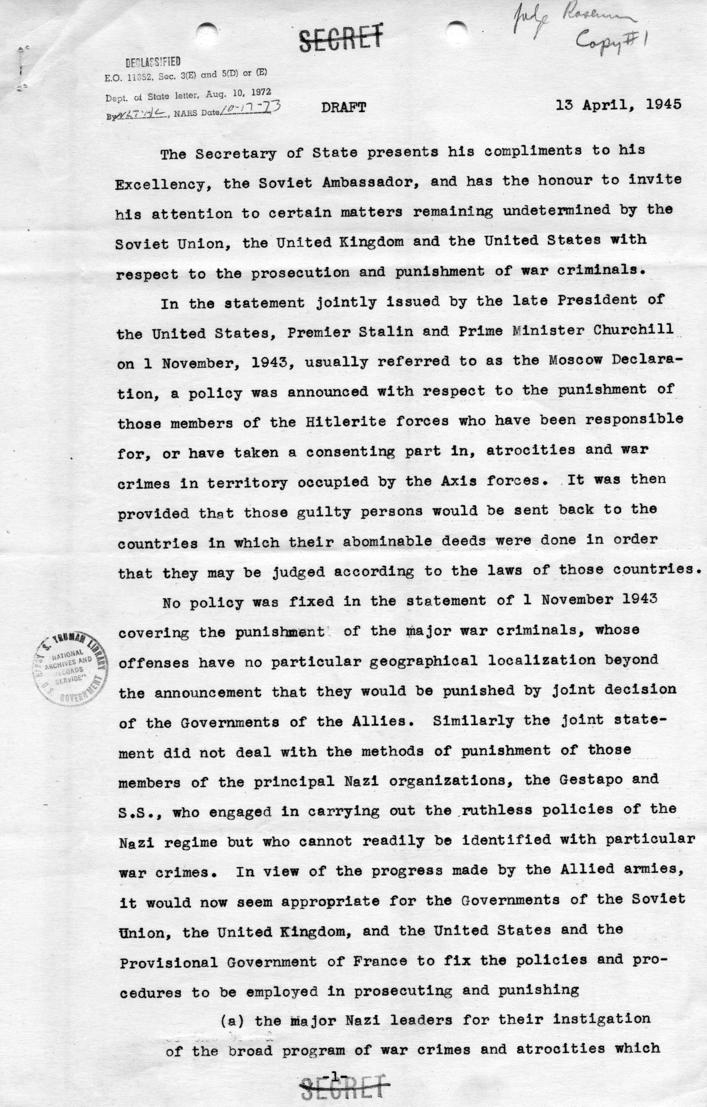 Draft of statement from James Byrnes to Soviet Ambassador