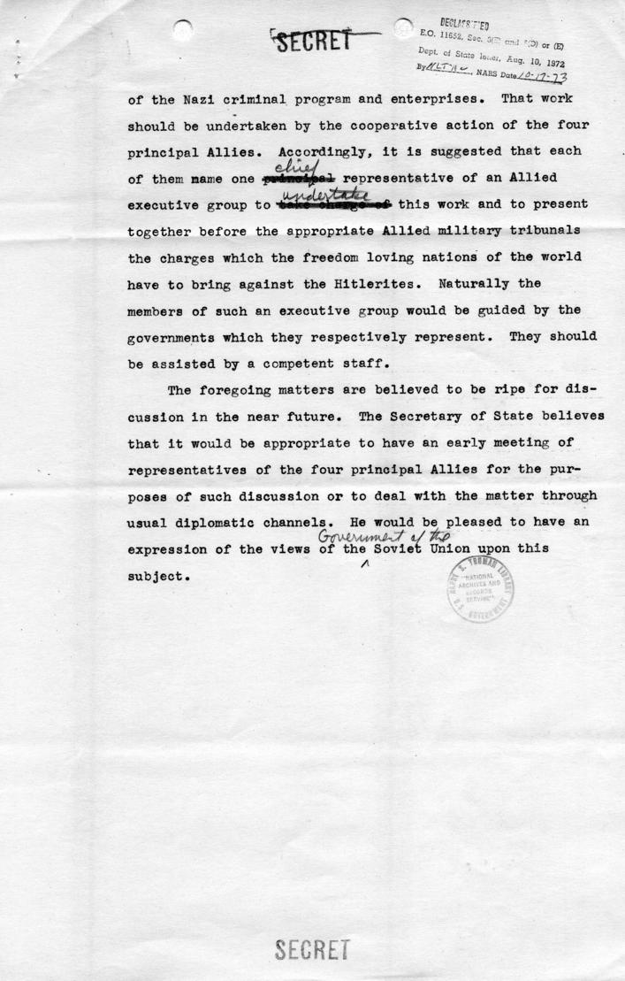 Draft of statement from James Byrnes to Soviet Ambassador