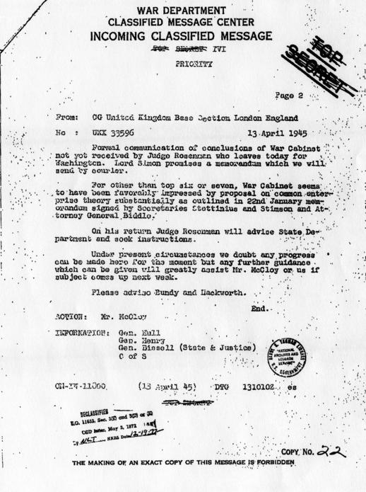 Telegram from CG United Kingdom Base Section London England to War Department