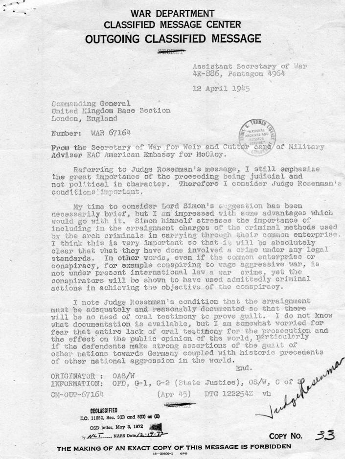 Telegram from CG United Kingdom Base Section London England to War Department, accompanied by a memorandum to John Weir