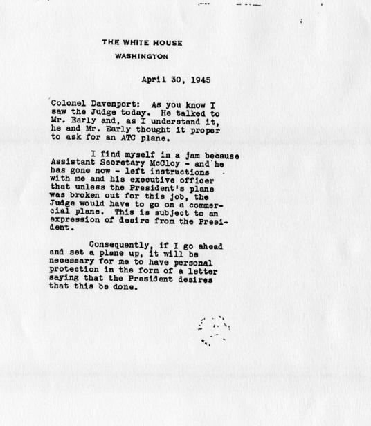 Memorandum from the White House to Colonel Davenport