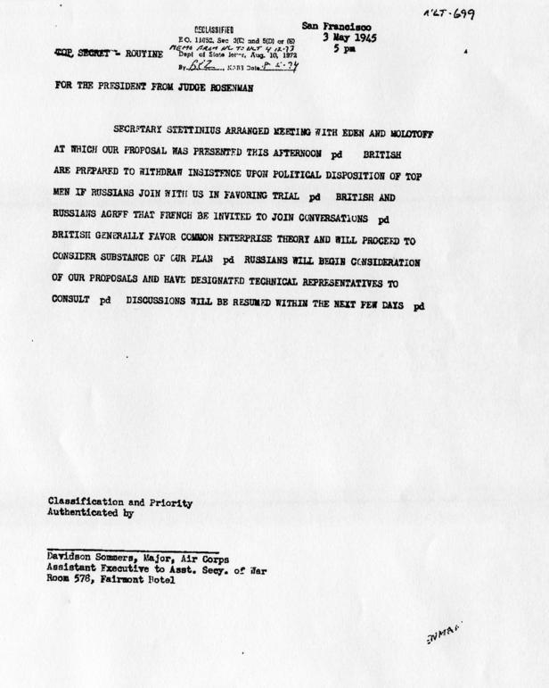 Telegram from Samuel Rosenman to Harry S. Truman