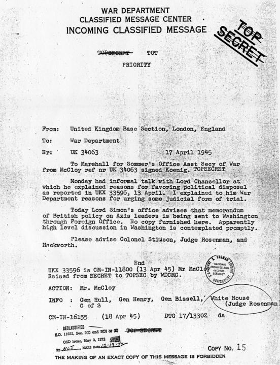 Telegram from the United Kingdom Base Section to the War Department