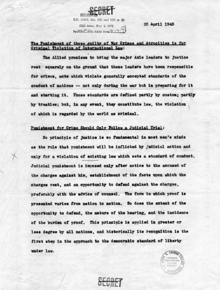 Letter from John McCloy to Samuel Rosenman, accompanied by a draft memorandum on war crimes trials