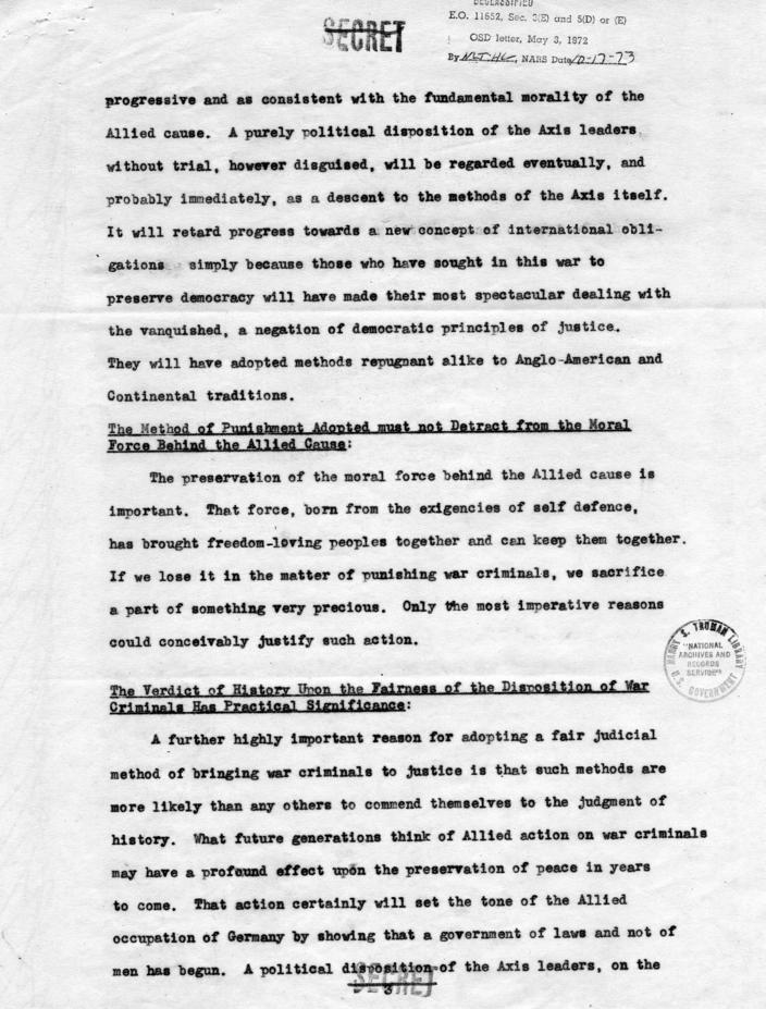 Letter from John McCloy to Samuel Rosenman, accompanied by a draft memorandum on war crimes trials