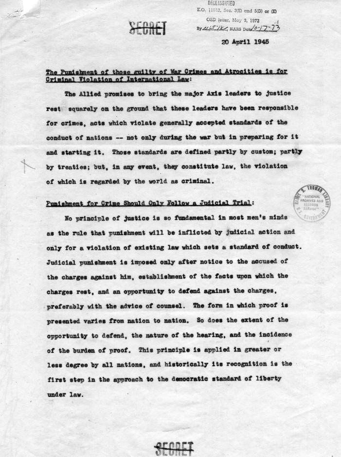 Letter from John McCloy to Samuel Rosenman, accompanied by a draft memorandum on war crimes trials