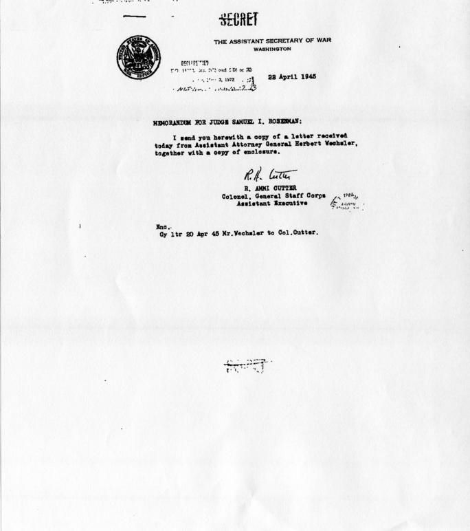 Memorandum from R.A. Cutter to Samuel Rosenman. accompanied by a letter and memorandum from Herbert Weschler to R. A. Cutter