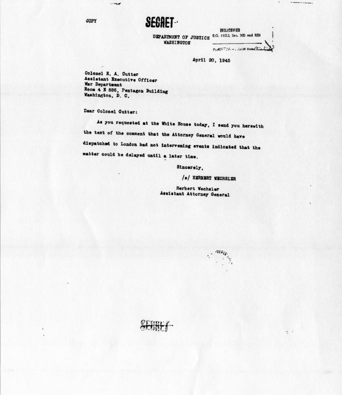 Memorandum from R.A. Cutter to Samuel Rosenman. accompanied by a letter and memorandum from Herbert Weschler to R. A. Cutter