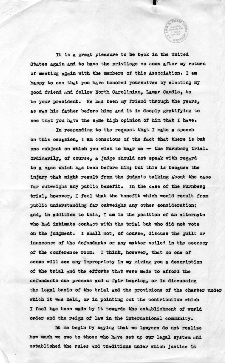 Letter from Harry S. Truman to Robert Jackson, accompanied by the text of a speech about Jackson\'s participation in the Nuremberg Trial