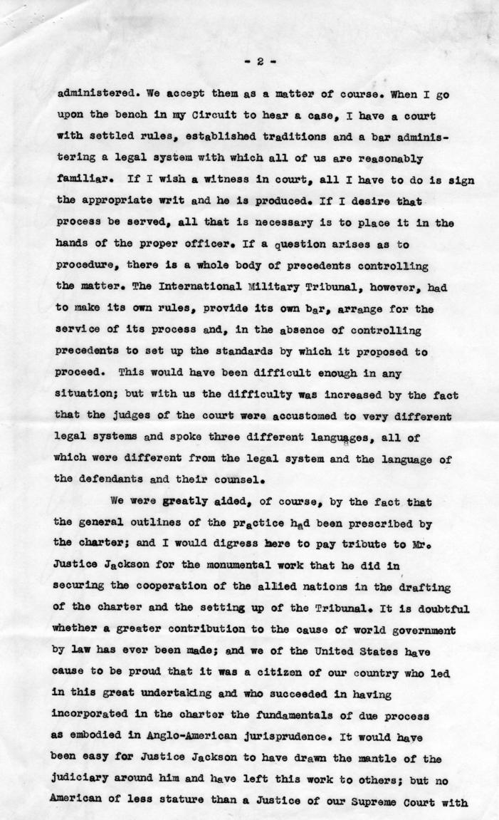 Letter from Harry S. Truman to Robert Jackson, accompanied by the text of a speech about Jackson\'s participation in the Nuremberg Trial