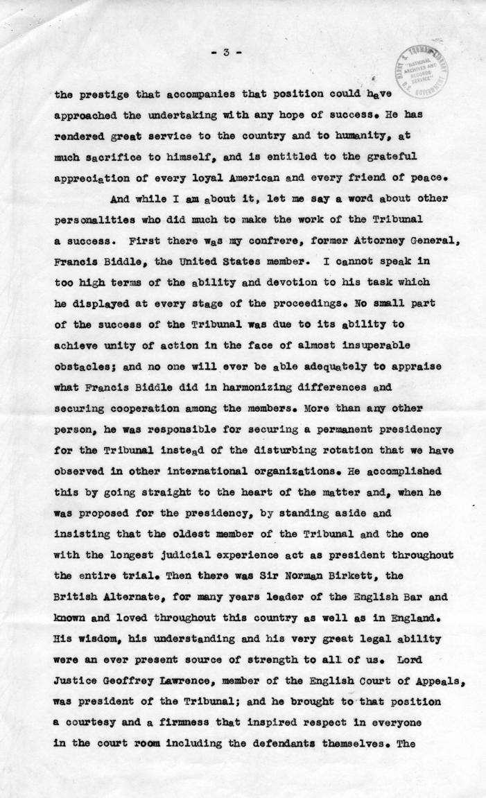 Letter from Harry S. Truman to Robert Jackson, accompanied by the text of a speech about Jackson\'s participation in the Nuremberg Trial