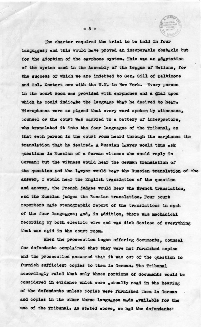Letter from Harry S. Truman to Robert Jackson, accompanied by the text of a speech about Jackson\'s participation in the Nuremberg Trial