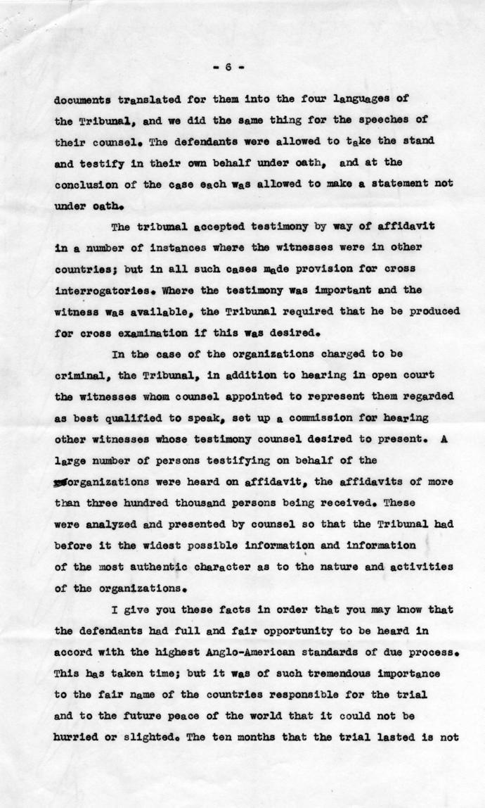 Letter from Harry S. Truman to Robert Jackson, accompanied by the text of a speech about Jackson\'s participation in the Nuremberg Trial