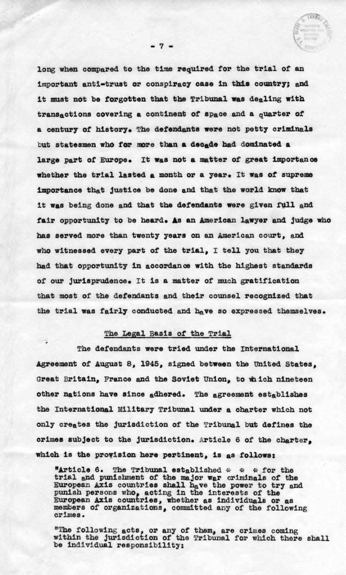 Letter from Harry S. Truman to Robert Jackson, accompanied by the text of a speech about Jackson\'s participation in the Nuremberg Trial